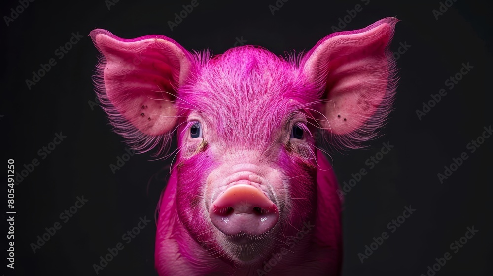 A pig's face in close-up, painted pink against a black backdrop A pig's face in close-up, painted pink against a black backdrop