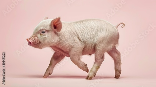   A small white pig atop a pink floor, next to a pink wall, and with a pink wall behind it photo