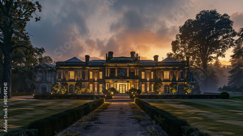 A grand Georgian-style mansion at dawn, its symmetrical facade and palladian windows illuminated by the first light,  © Image Studio