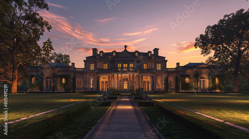 A grand Georgian-style mansion at dawn, its symmetrical facade and palladian windows illuminated by the first light,