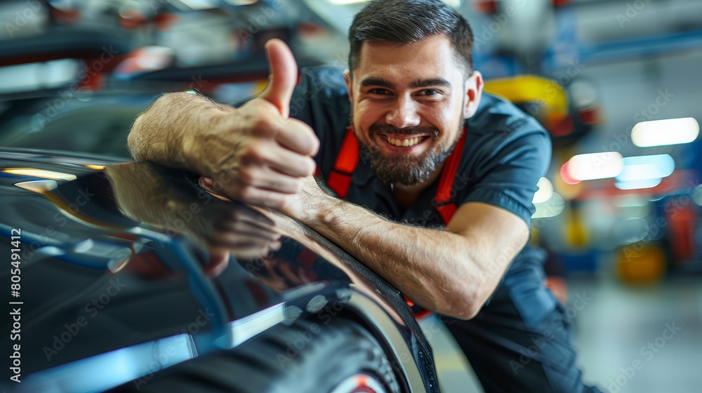   A man, standing next to a car in a garage, gives a thumbs-up and rests his other hand on the vehicle's side