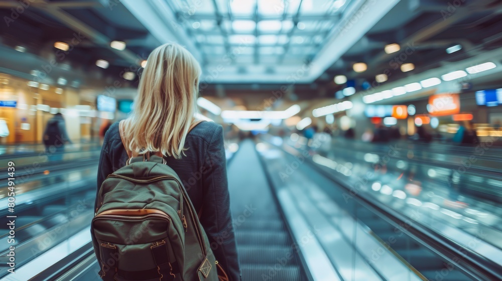 A woman descends an escalator, wearing a backpack People stand nearby, facing in opposite directions A woman descends an escalator, wearing a backpack People stand nearby, facing in opposite directions