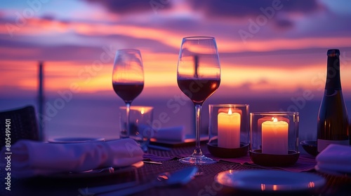  A couple of glasses of wine atop a table, nearest a bottle and a candle