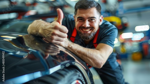  A man, standing next to a car in a garage, gives a thumbs-up and rests his other hand on the vehicle's side