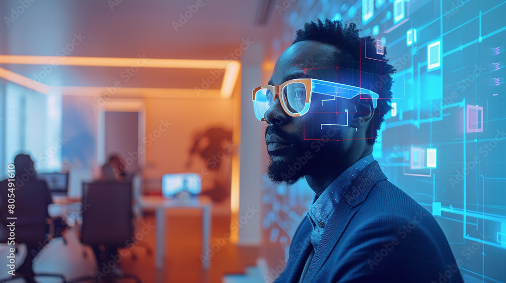 african american man at a business meeting in metaverse, augmented reality screens, avatar african american man at a business meeting in metaverse, augmented reality screens, avatar