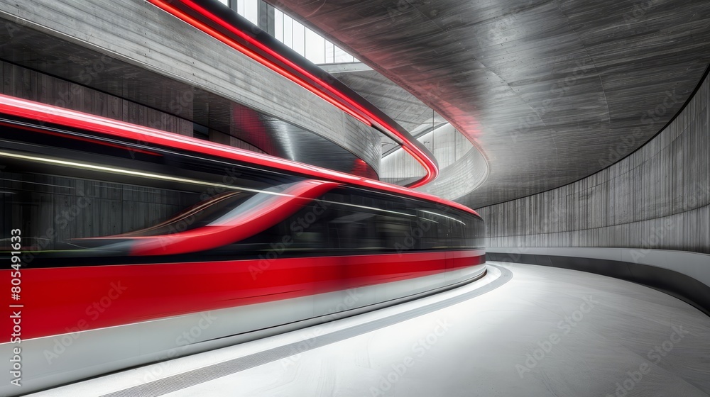 A red-and-white train passes through a tunnel beside a towering building, featuring a clock on its facade A red-and-white train passes through a tunnel beside a towering building, featuring a clock on its facade