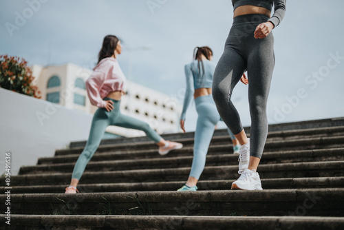 Fotografie Low angle view of two active women in athletic wear running up staircase outdoors, focused on healthy lifestyle and fitness training