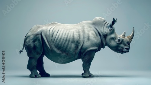   A white rhinoceros poses in a studio against a light blue backdrop