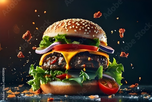 juicy double cheeseburger with fresh herbs and tomatoes, in the air, with ingredients scattered around on a dark background