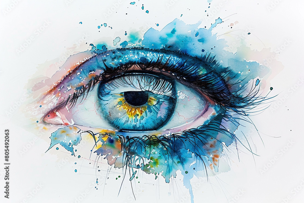 Eye made of watercolor splashes on white backdrop.