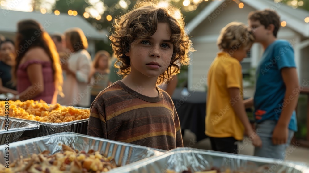 A young boy stands before a table laden with trays of food Others are present in the background A young boy stands before a table laden with trays of food Others are present in the background