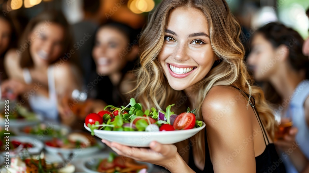   A woman, smiling, presents a bowl of salad to a gathering at the dinner table
