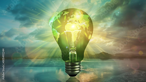 A glowing light bulb with a world map that shines in various shades of green, set against a natural background of water, land, and sky,