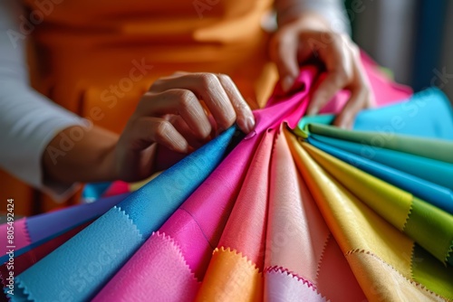 A charismatic closeup portrait of a fashion designer reviewing fabric swatches, half body colorful strange bizarre sharpen blur background with copy space