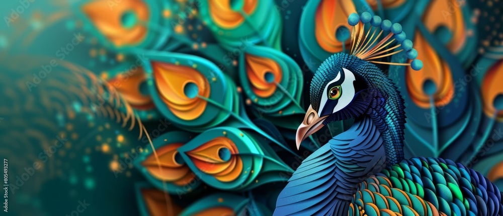 A majestic peacock displays its colorful feathers, each one a meticulous cutout that captures the light, paper art style concept