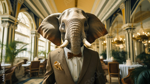 A man in a suit and tie is wearing an elephant mask