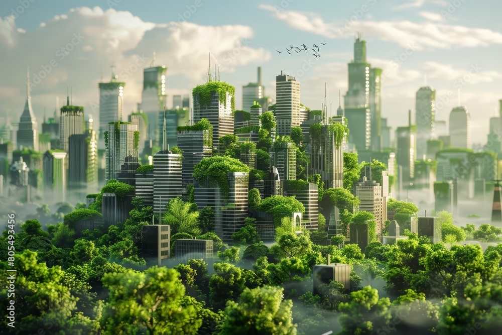 A splendid environmental awareness city is visualized with green rooftops and energyefficient designs, Interior 3d render Sharpen highdetail realistic concept
