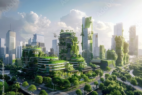 A splendid environmental awareness city is visualized with green rooftops and energyefficient designs, Interior 3d render Sharpen highdetail realistic concept photo