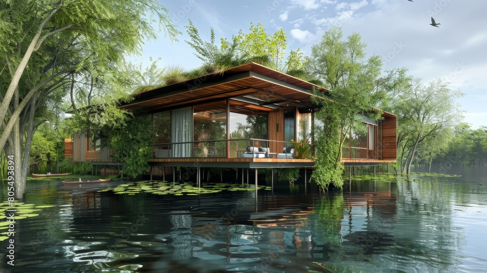 Eco - Architecture Haven Amidst Serene Waters. Eco - Architecture Haven Amidst Serene Waters.