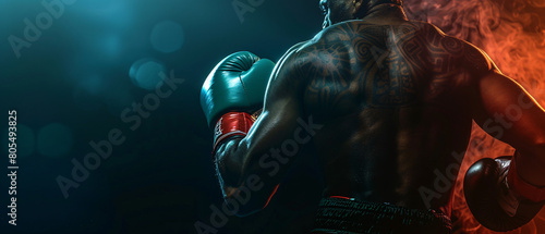 Muscled Boxer from Behind with Tattoo Detail and Smoky Background 