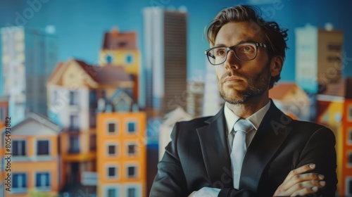 About realistic portrait of a real estate agent showcasing a property model