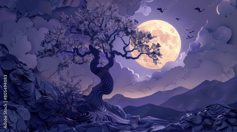 Fototapeta premium An ancient tree stands alone, its branches sprawling out in delicate paper filigree against a moonlit sky, paper art style concept