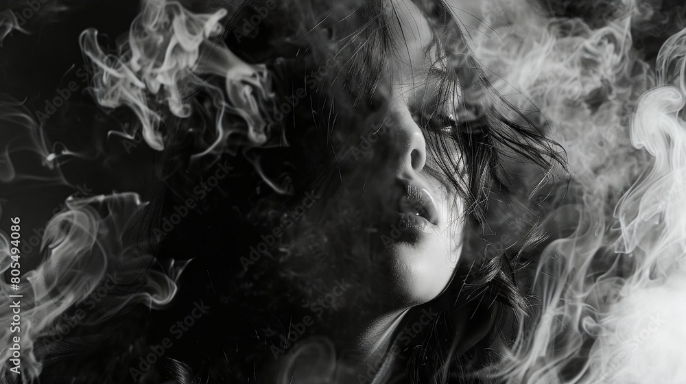 a woman is blowing smoke in the air with her eyes closed