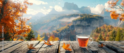 At the wooden table, sip a warm cup of tea with the mountain in autumn offering a breathtaking view, Sharpen 3d rendering background photo