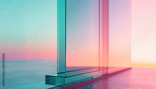 two glass panels, with a gradient background moving from light blue to pink.