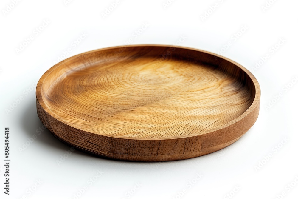 Empty wooden plate or round board isolated on white background. Rustic dish Empty wooden plate or round board isolated on white background. Rustic dish
