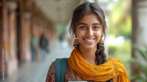 young indian girl college student holding books standing college campus photo