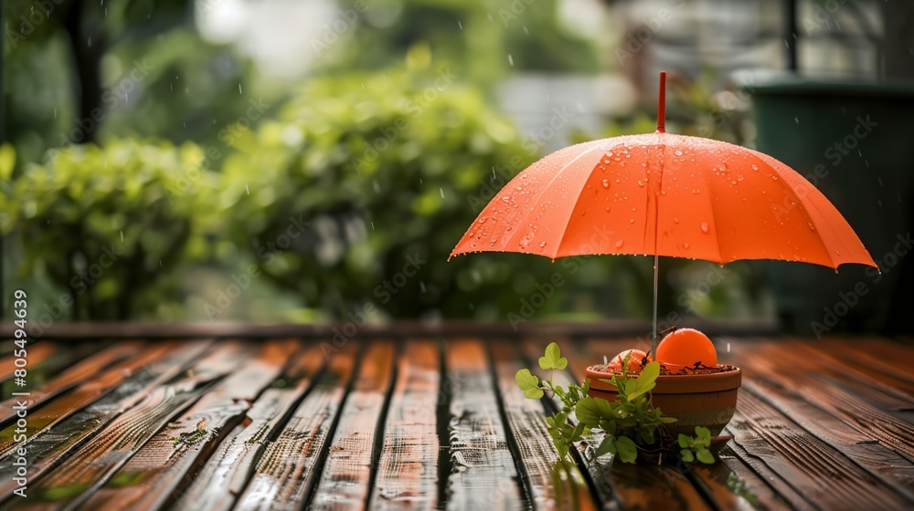 an orange umbrella is on a wooden table outside in the rain