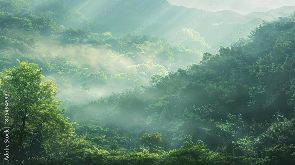 Experience the peace of a warm summer morning in a misty mountain landscape, with soft light filtering through, Sharpen Landscape background Experience the peace of a warm summer morning in a misty mountain landscape, with soft light filtering through, Sharpen Landscape background