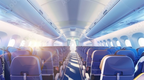 Interior of a modern airplane with rows of empty seats of economy class. Sustainable traveling holiday getaway