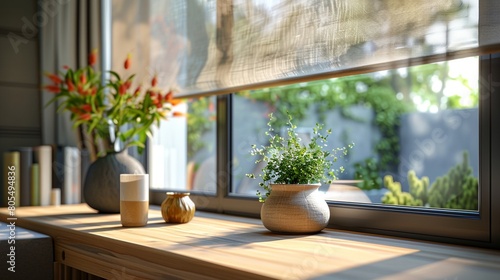 a window sill with a vase and a plant on it