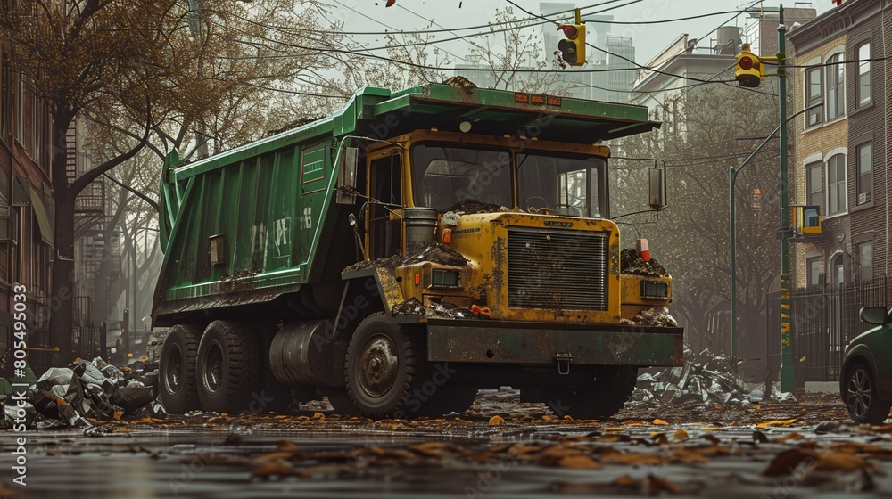 a dump truck is parked on the side of the road in a city street with a fallen tree in the background.. a dump truck is parked on the side of the road in a city street with a fallen tree in the background..