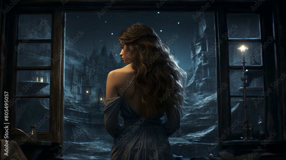 a woman in a long dress looking out a window at night