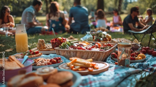 a picnic with a lot of food and drinks on the table and people sitting around it in the background..