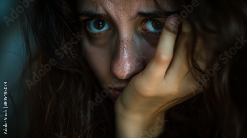 a woman with blue eyes and a teary expression on her face is looking at the camera with a sad look on her face..