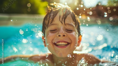a young boy smiles as he swims in a pool of water
