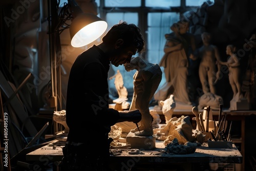 Silhouette of a sculptor working intensely in a studio