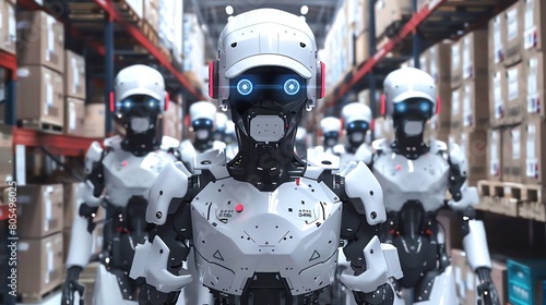 Dynamic scene of robots working alongside humans in a logistics warehouse