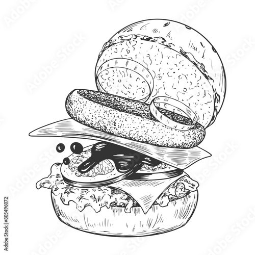 Black and white hand drawn hamburger with cheese, tomato, onion beef patty isolated in white background. Fast food. Sketch style disassembled burger with flying ingredients. Engraved illustration