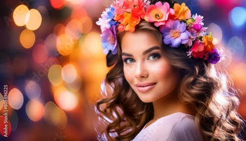 Hübsche Frau geschminkt mit bunte Blumen in Ihre Haar. © jozsitoeroe