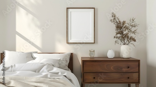 Portrait white frame mockup on retro wooden bedside table