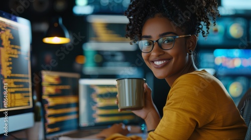Smiling Woman with Computer Code photo