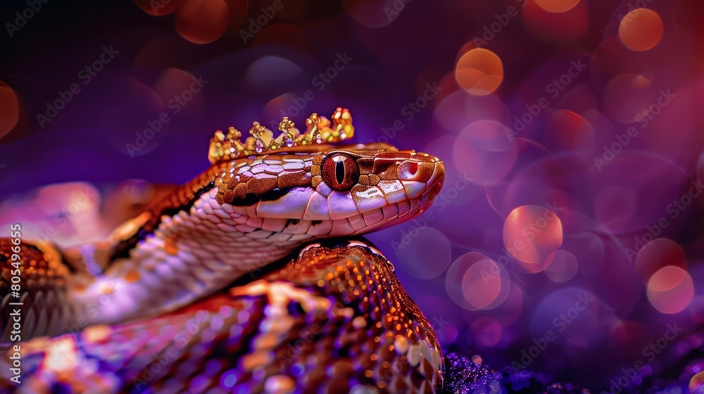 The portrait features a closeup halfbody of a charismatic venomous snake in a regal crown The portrait features a closeup halfbody of a charismatic venomous snake in a regal crown