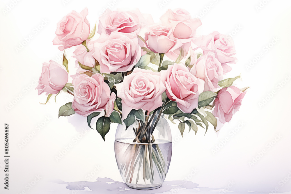 Watercolor of roses flower vase on white background Watercolor of roses flower vase on white background