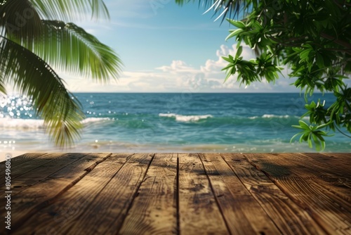 The wooden table overlooks a serene tropical beach, perfect for a relaxing summer sea seen, Sharpen 3d rendering background