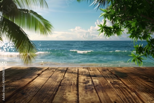 The wooden table overlooks a serene tropical beach, perfect for a relaxing summer sea seen, Sharpen 3d rendering background © JK_kyoto